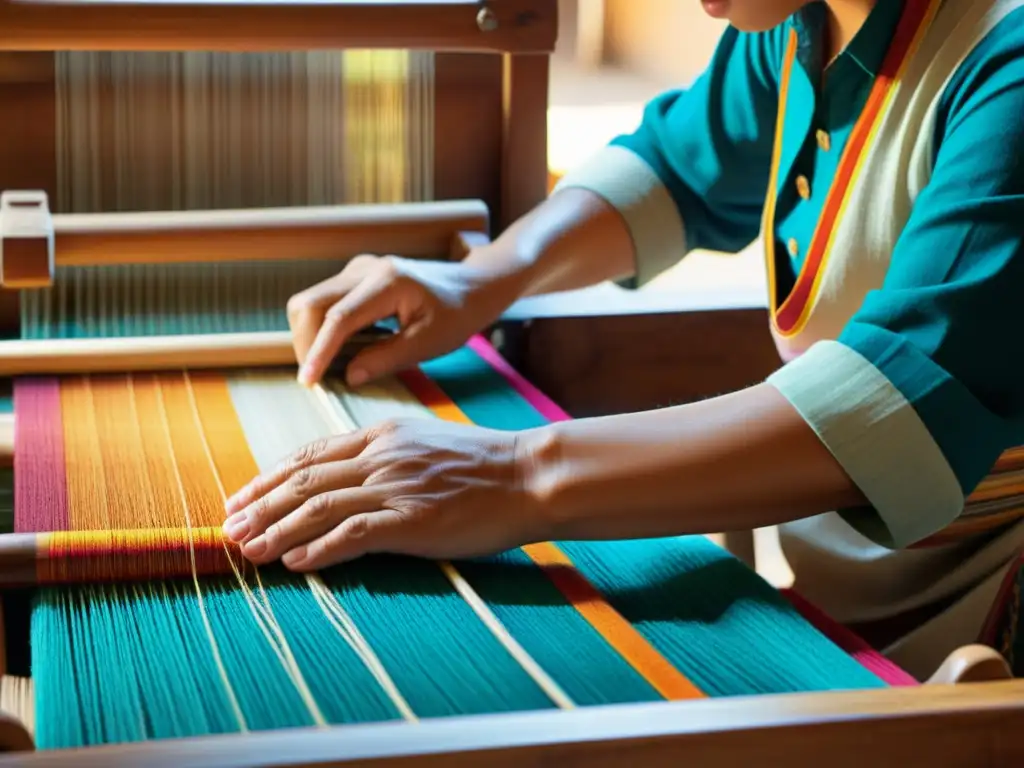 Las hábiles manos de un artesano tejiendo en un telar de madera, reviviendo tradiciones en taller textil con destreza y pasión