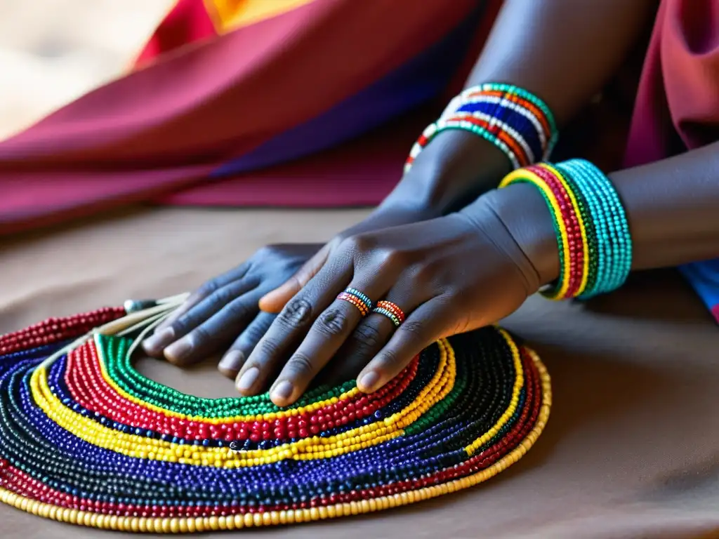 Las hábiles manos de una mujer Masai tejiendo cuentas con significado espiritual, enmarcadas por la tradición y la naturaleza de Maasai Mara