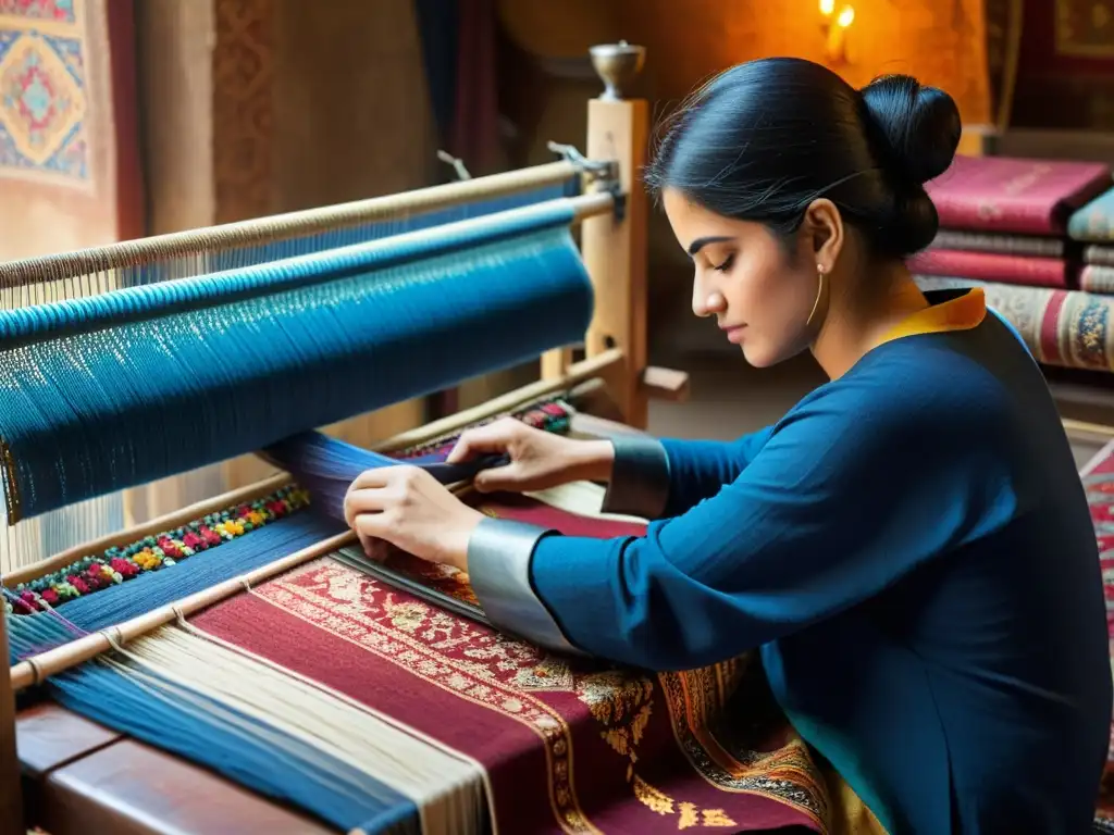 Un habilidoso artesano teje una alfombra persa con patrones intrincados y colores vibrantes en un ambiente etéreo