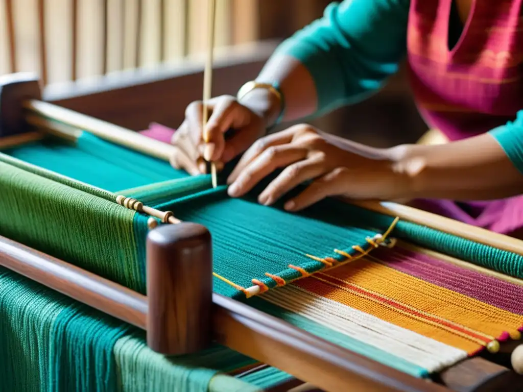 Un habilidoso artesano teje a mano una hermosa tela vibrante en un telar de madera tradicional