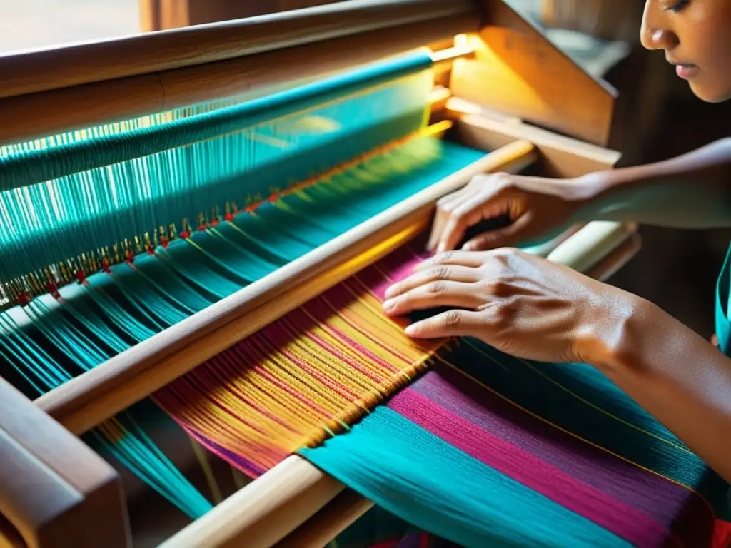 Un habilidoso artesano teje telas tradicionales moda sostenible en un telar de madera, iluminado por suave luz natural