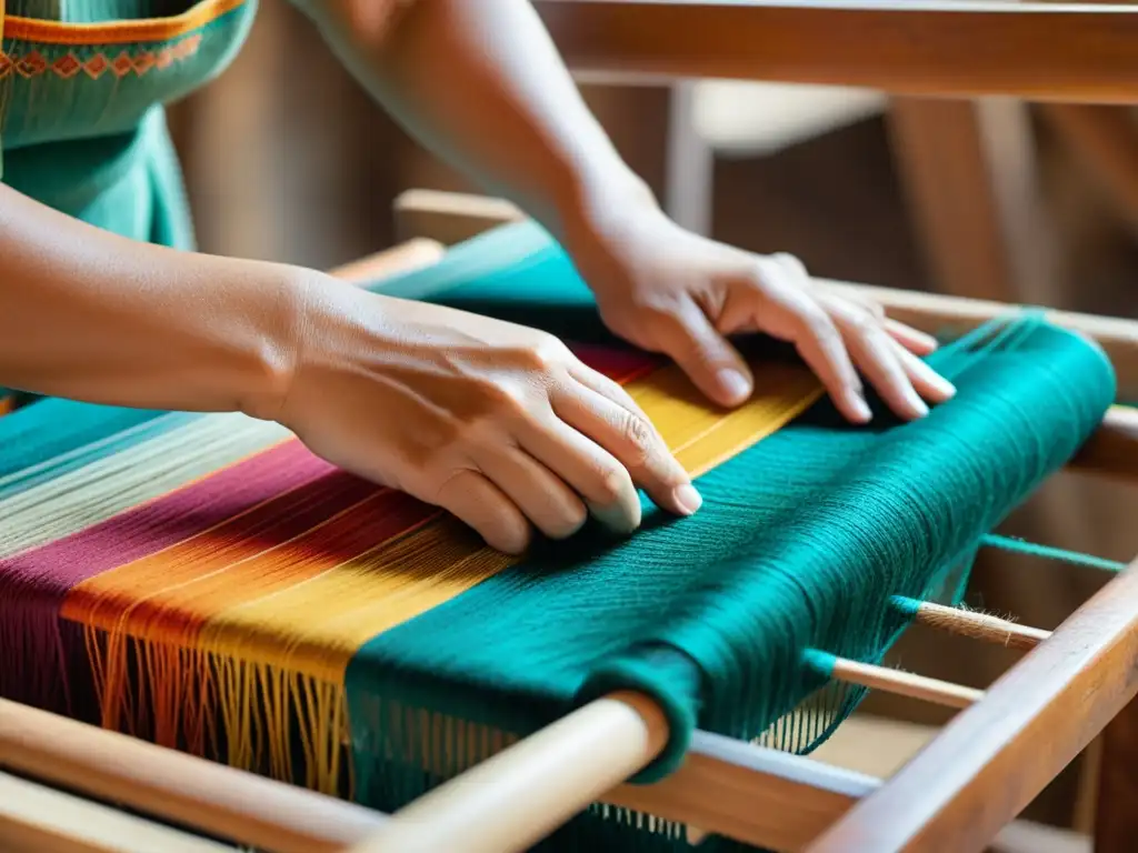 Un habilidoso artesano teje meticulosamente un textil tradicional en un telar de madera, representando culturas antiguas