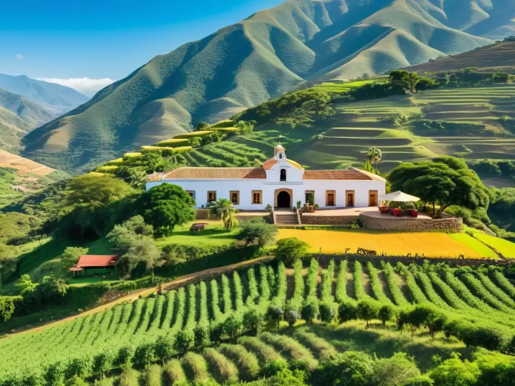 Una hacienda tradicional en medio de verdes colinas, atendida por agricultores locales