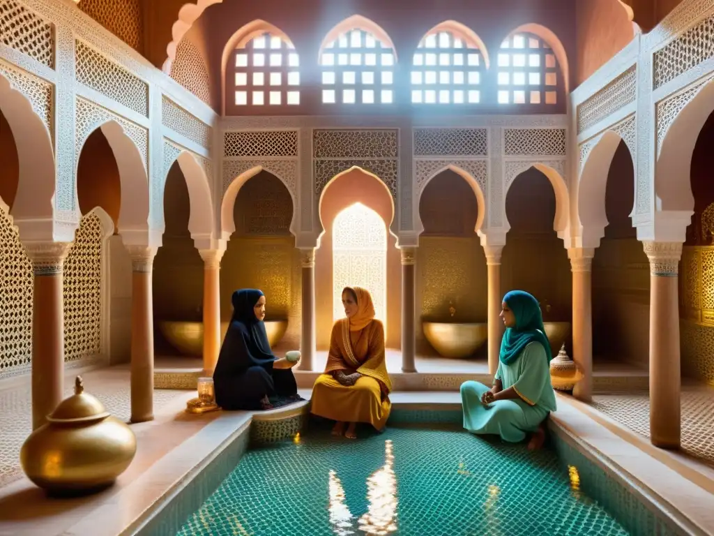 Un hammam decorado con mosaicos en una medina marroquí, mujeres conversando en un ambiente de bienestar femenino