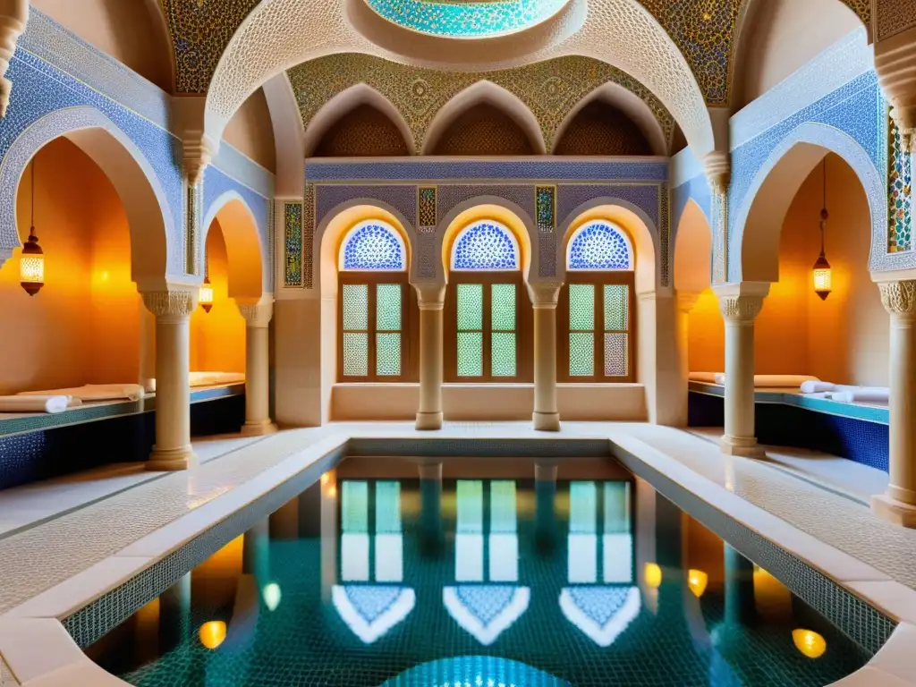 Un hammam exquisitamente decorado en África del Norte: agua reluciente, arcos elegantes y mosaicos vibrantes