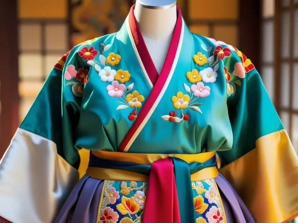 Un hanbok tradicional coreano exhibido en un maniquí, reflejando la dualidad del hanbok coreano en un mercado tradicional bullicioso