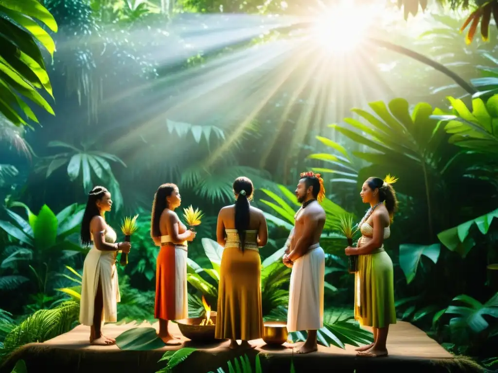 Hechizos y rituales de sanación en Micronesia: Sanadores micronesios realizan un ritual ancestral en la exuberante jungla, envueltos en una atmósfera mística y cautivadora