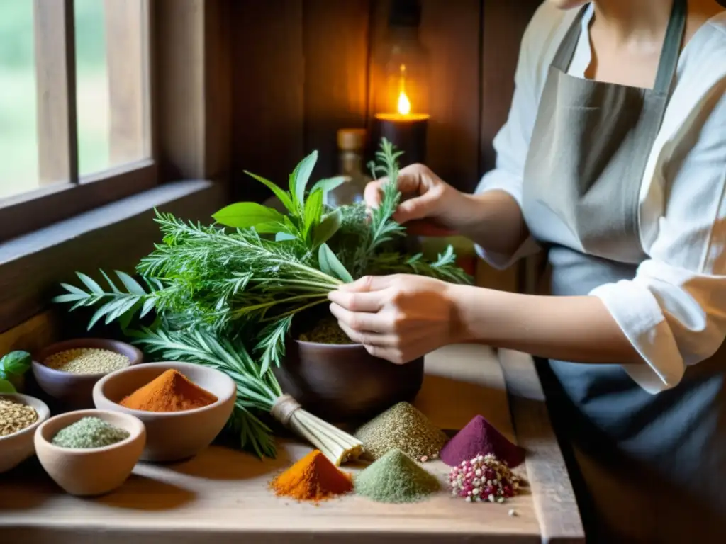 Un herbolario selecciona y prepara hierbas y especias en una cocina rústica