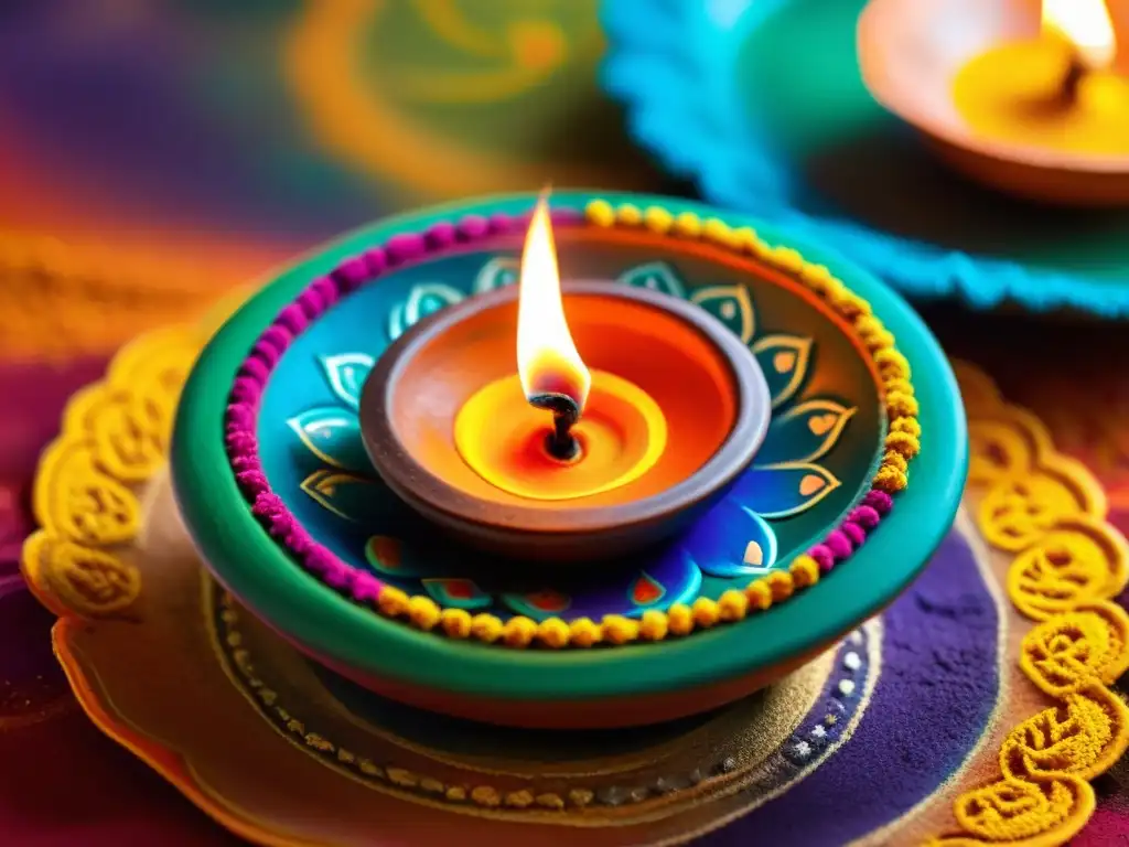 Hermosa diya de arcilla iluminada en Diwali con detallados diseños y colores vibrantes, junto a un tradicional rangoli