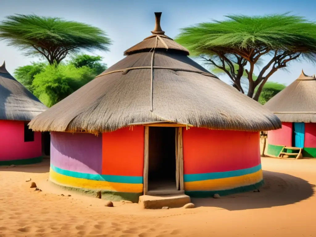 Una hermosa cabaña tradicional senegalesa, conocida como 'case de l'ancien temps', con tejado de paja detallado y decorativos tallados a mano
