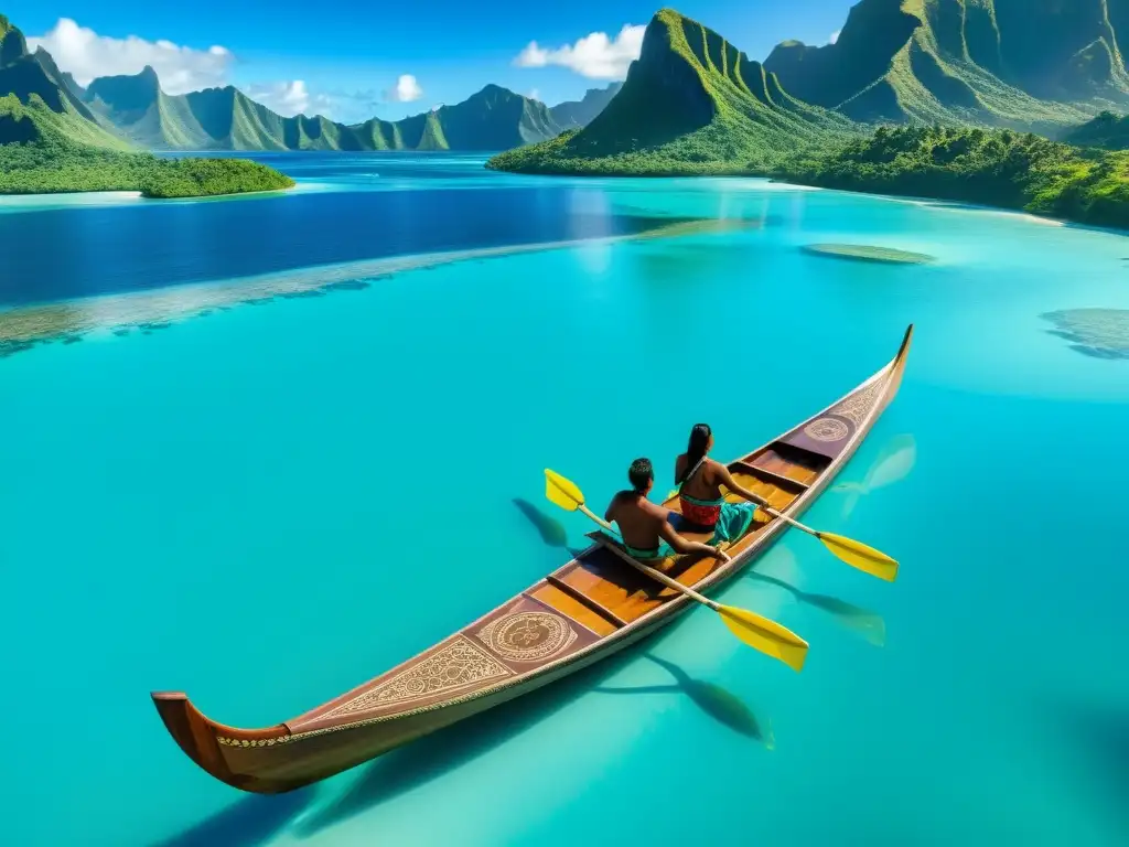 Una hermosa canoa polinesia surca aguas turquesas, con montañas verdes y cielo azul de fondo