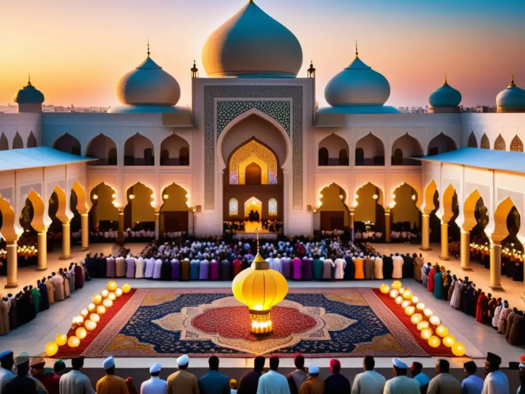 Una hermosa celebración de Eid al-Fitr en una mezquita, con decoraciones vibrantes, linternas coloridas y patrones geométricos