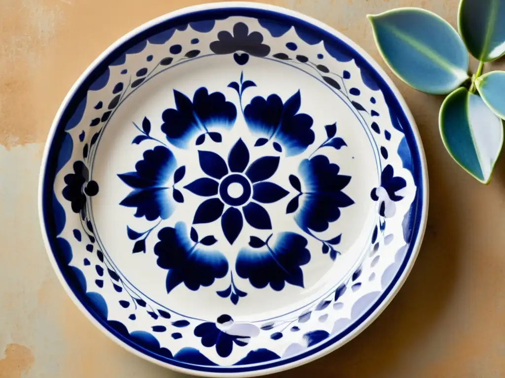 Una hermosa cerámica de Talavera, con delicados patrones azules y blancos sobre un fondo rústico