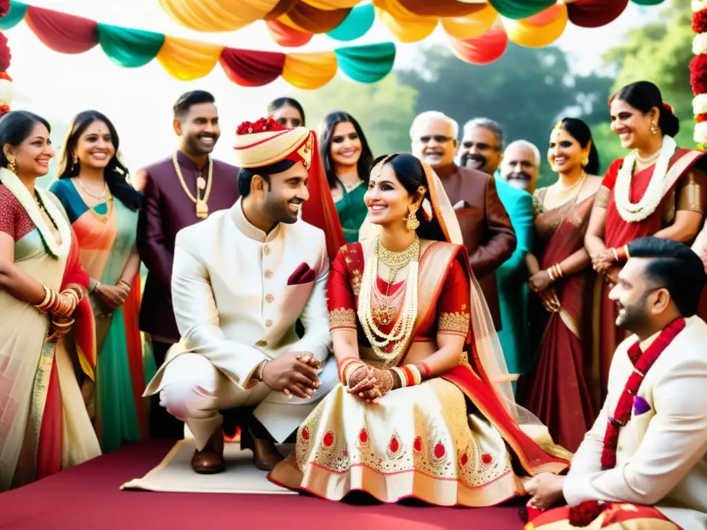 Una hermosa ceremonia de boda tradicional india, con la novia vestida en rojo y oro, rodeada de familiares, en un entorno decorado al aire libre