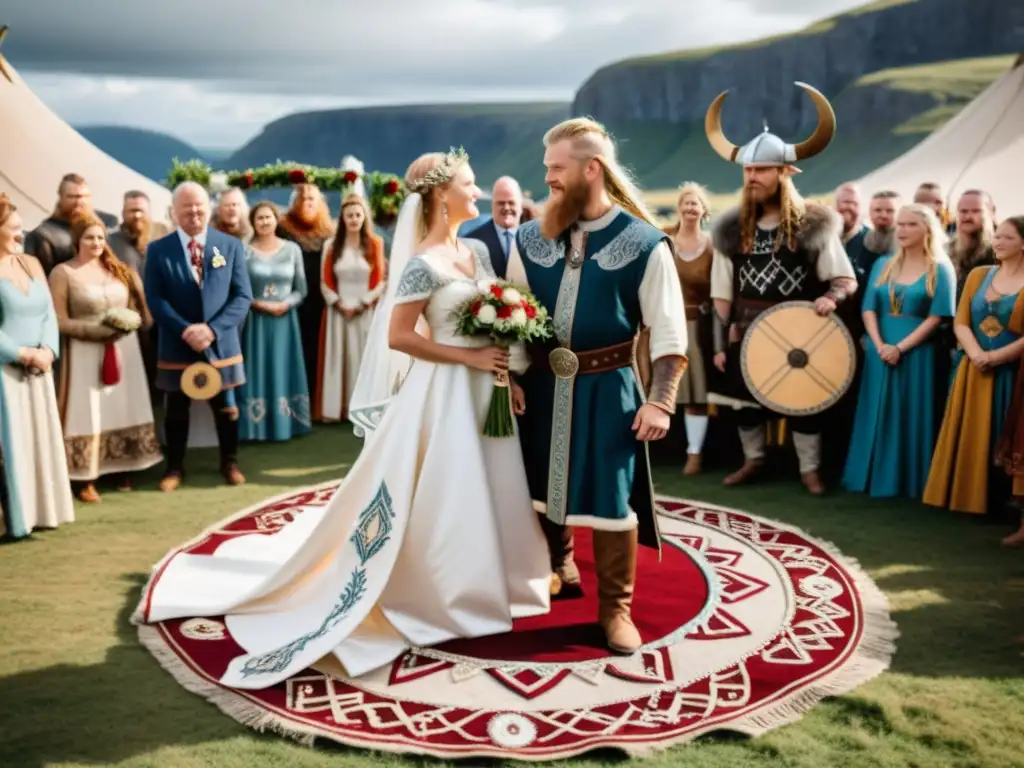 Una hermosa ceremonia de bodas vikingas nórdicas en la naturaleza con rituales matrimoniales vikingos nórdicos