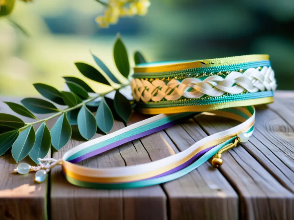 Una hermosa ceremonia de handfasting celta con un cordón de colores, nudos celtas y gemas, sobre un altar de madera rústica, enmarcado por vegetación exuberante y flores silvestres