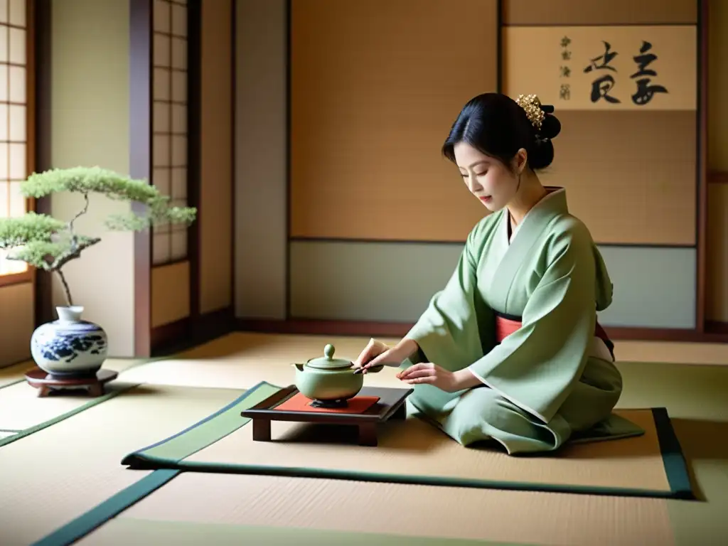 Una hermosa ceremonia del té japonés se desarrolla en una serena sala de tatamis en Kioto, Japón, con tradiciones festivales y cultura