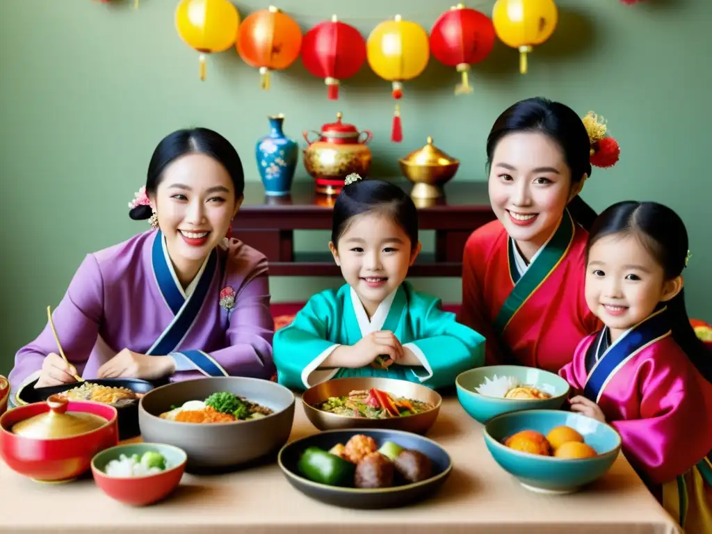 Una hermosa escena familiar durante la celebración del Año Nuevo Lunar en Corea, con tradiciones, colores vibrantes y alegría genuina