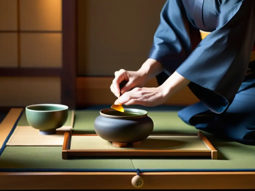 Una hermosa foto de una ceremonia del té japonesa, capturando la meticulosidad del juego de té, el maestro de té y la serenidad del espacio ceremonial