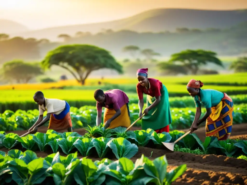 Una hermosa imagen de agricultores africanos trabajando en sus cultivos bajo el brillante sol