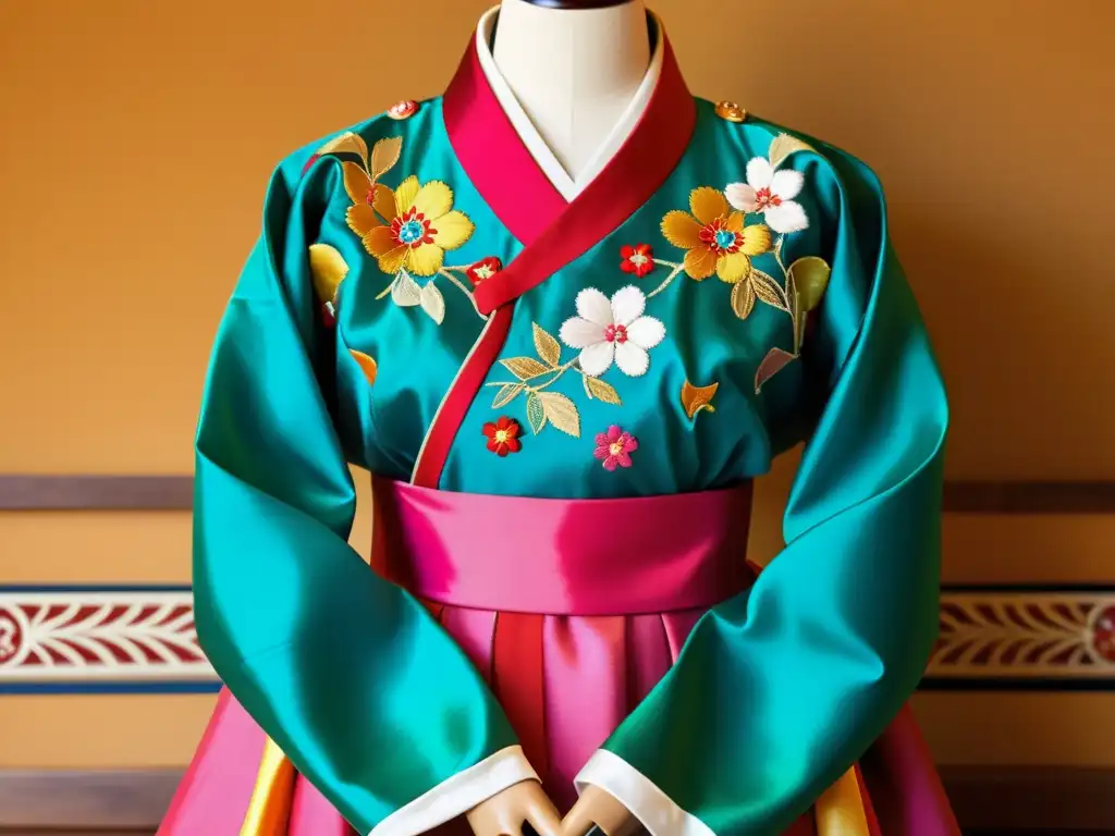 Una hermosa imagen de un hanbok coreano tradicional, con bordados intrincados y colores vibrantes, mostrando la dualidad del hanbok coreano