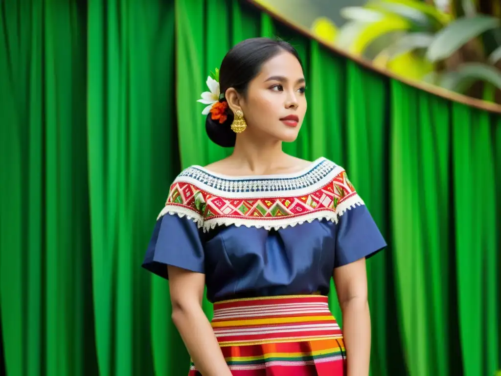 Una hermosa mujer viste un vestido tradicional filipino de tejidos abacá, mostrando la rica tradición cultural de los tejidos abacá filipinos