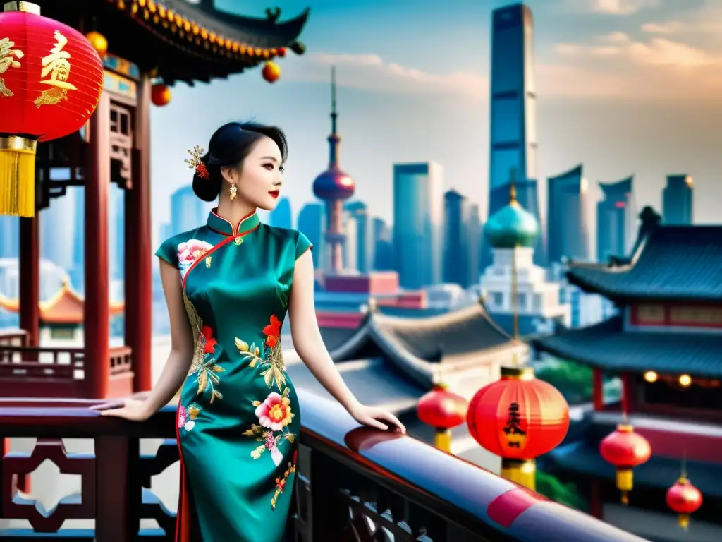 Un hermoso Cheongsam chino exhibido en una bulliciosa calle de Shanghai, fusionando lo antiguo y lo nuevo