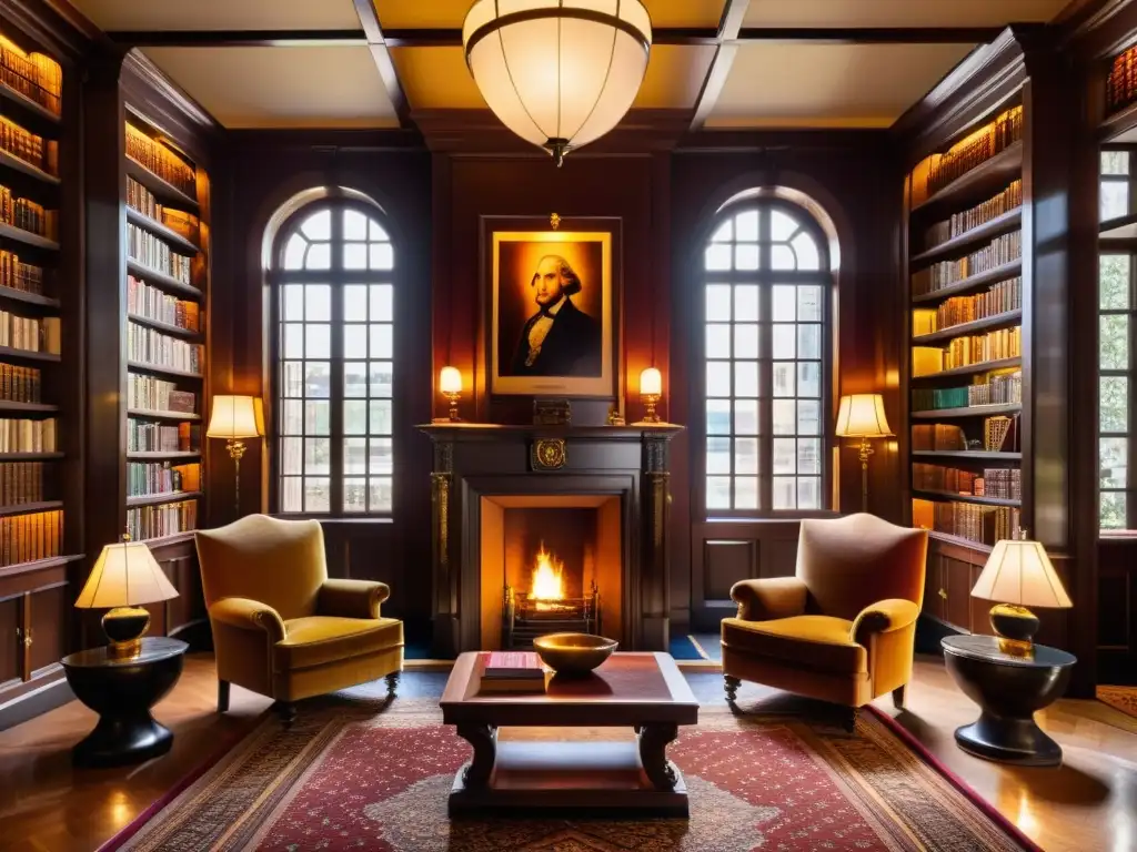 Hermoso vestíbulo de hotel literario con estanterías llenas de libros, sillones de terciopelo, chimenea y carteles vintage