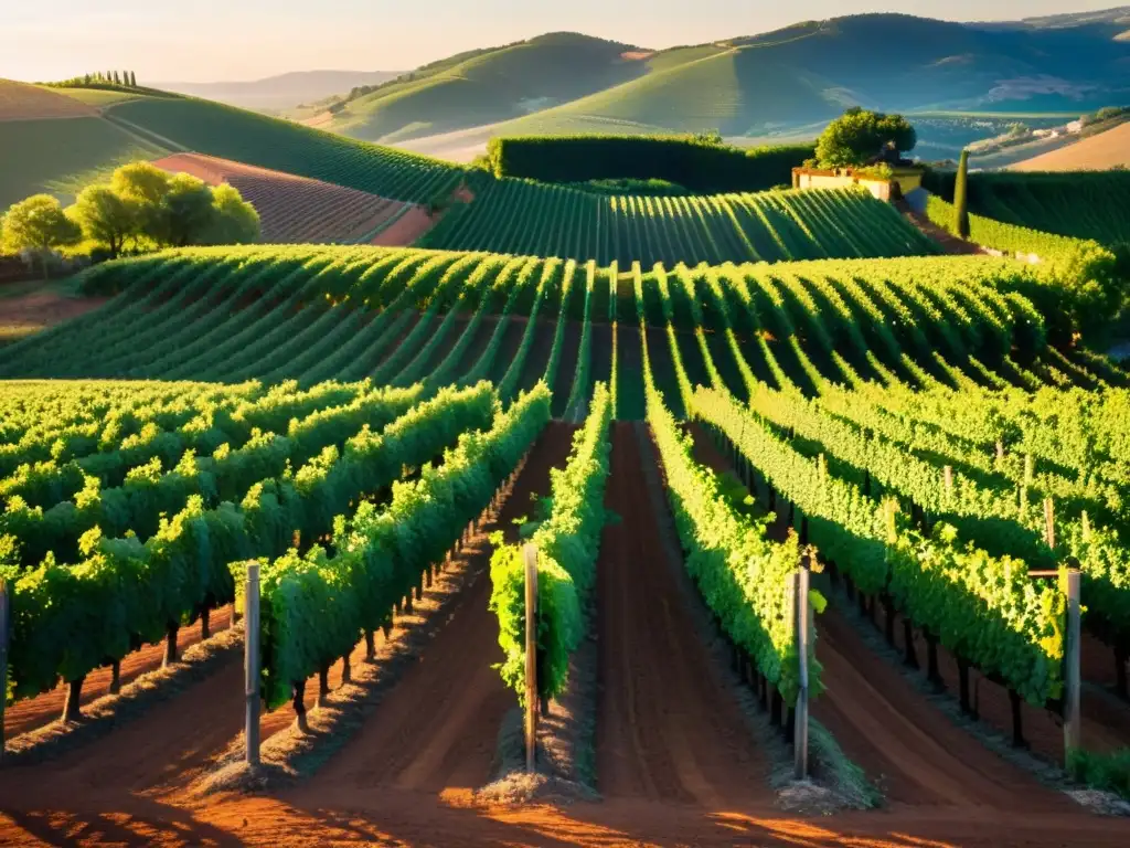 Hermoso viñedo al atardecer con filas de uvas verdes, terracota y un cielo de tonos cálidos, evocando historias embotelladas vino región diversidad