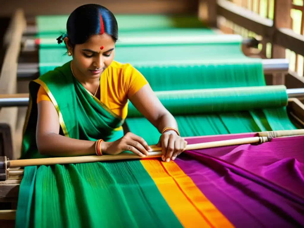 Historia industria textil India: Artesano indio tejiendo un sari de seda vibrante en telar, resaltando la rica tradición textil del país