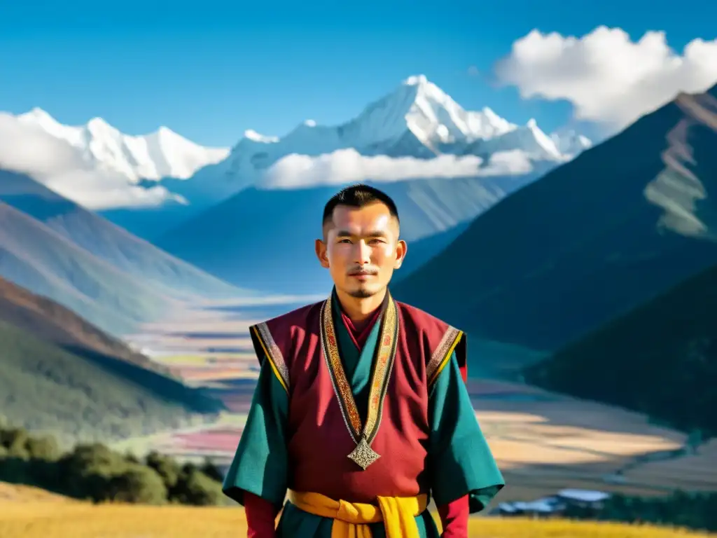 Un hombre butanés viste el tradicional traje Gho, con los majestuosos Himalayas de fondo