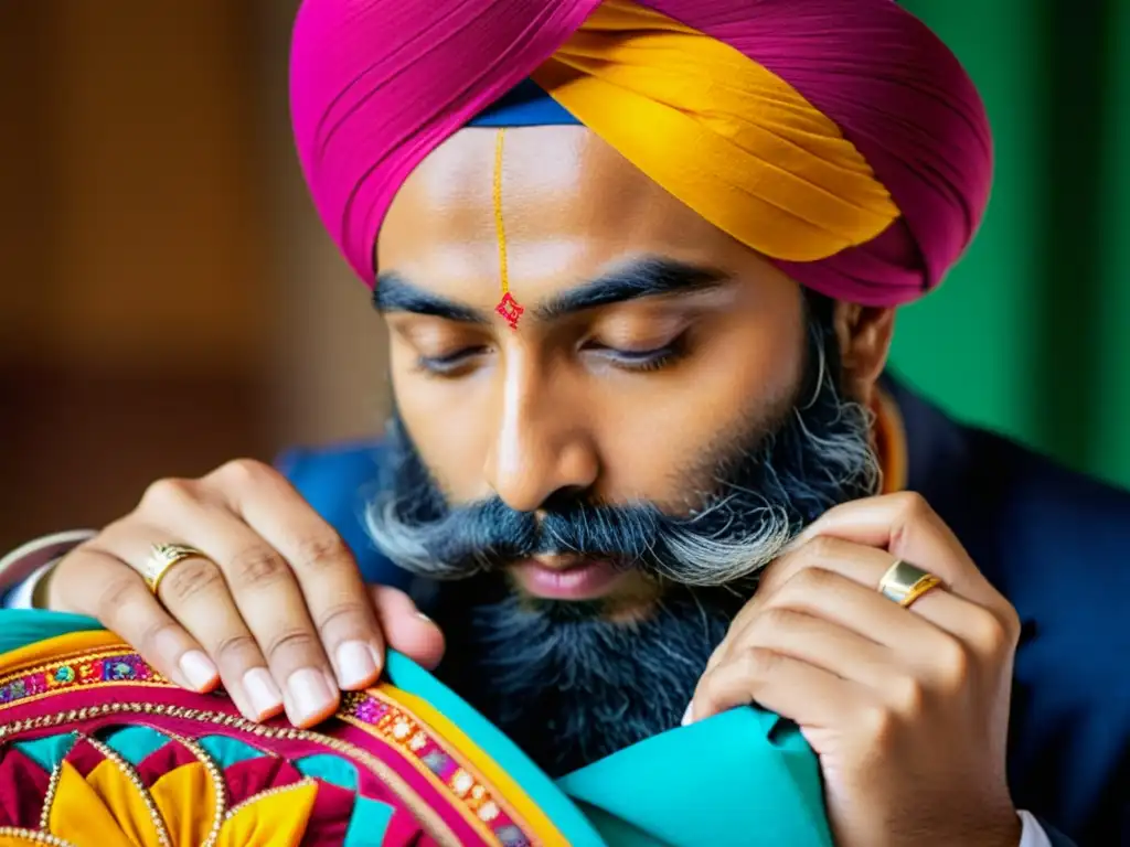 Un hombre Sikh envuelve con cuidado un Dastar vibrante y detallado, mostrando el significado y la tradición de la comunidad Sikh