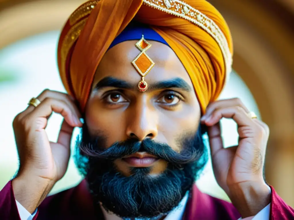 Un hombre Sikh cuidadosamente ata un Dastar turban, resaltando el significado Dastar comunidad Sikh y su artesanía tradicional