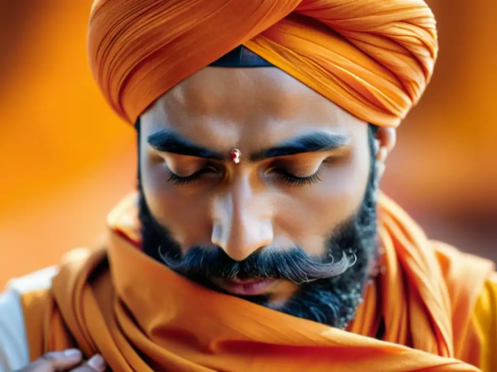 Un hombre Sikh cuidadosamente envolviendo un vibrante Dastar naranja en su cabeza, destacando la rica textura del tejido