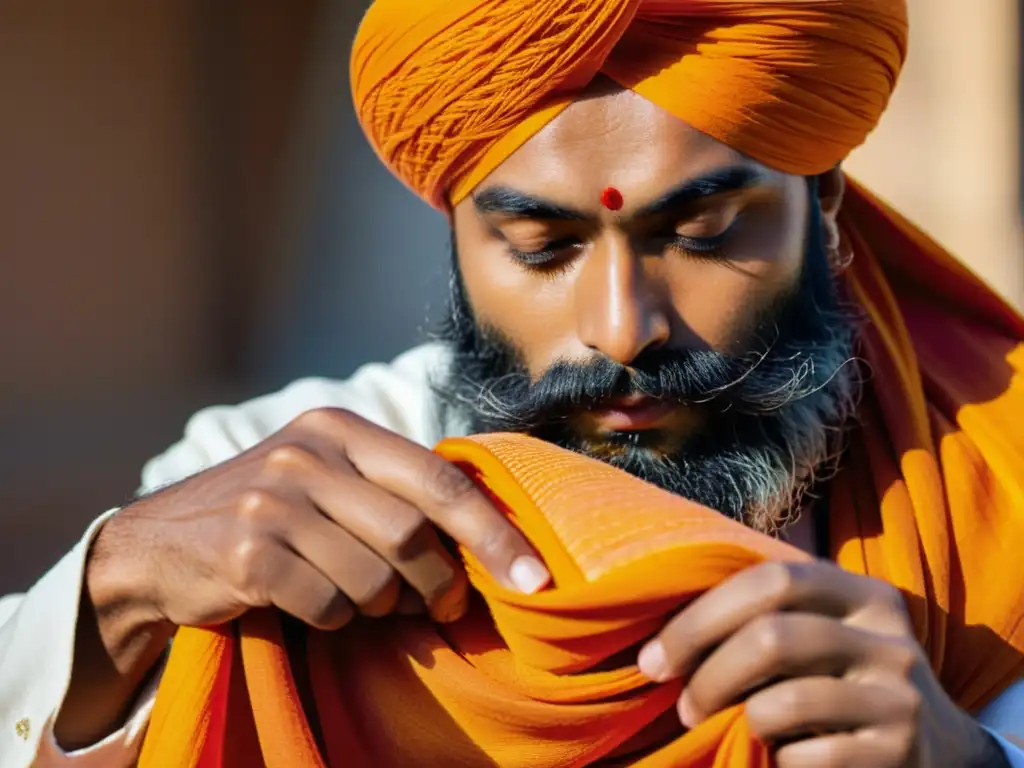 Un hombre Sikh cuidadosamente anudando un vibrante Dastar naranja, sus manos habilidosas crean pliegues intrincados