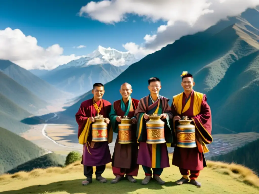 Hombres bhutaneses visten el tradicional traje Gho con los Himalayas de fondo, rezuman serenidad y tradición