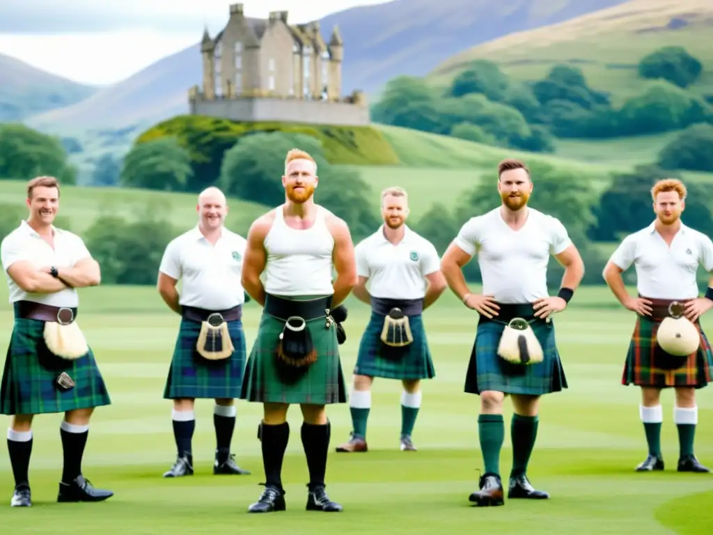 Hombres escoceses modernos participando en juegos de las Highlands con kilts tradicionales, mostrando la fusión de la cultura escocesa