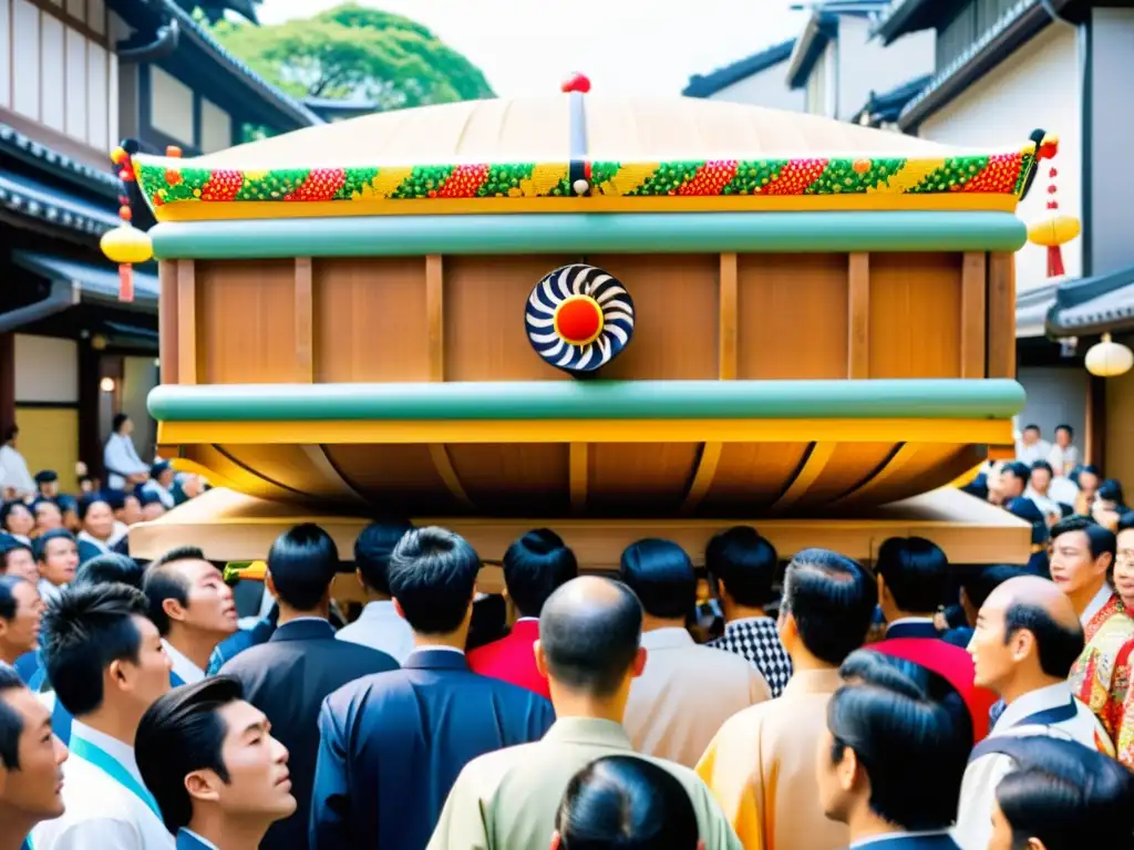 Hombres en happi y loincloths llevan un enorme carro en el festival Hakata Gion Yamakasa Fukuoka tradición, rodeados de espectadores emocionados