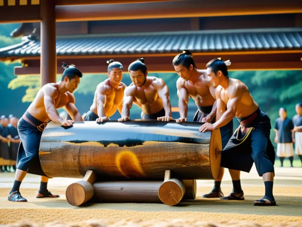 Hombres japoneses levantan tronco sagrado en festival peligroso al atardecer