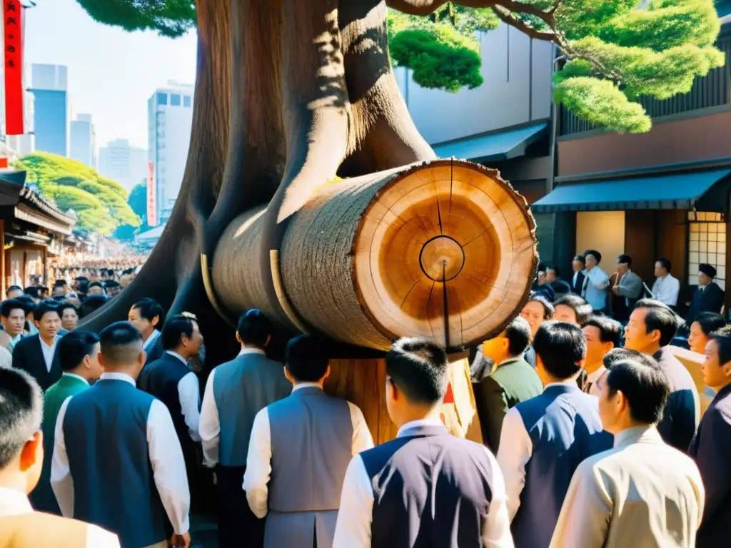 Hombres con kimono guían un tronco gigante en el peligroso y sagrado Festival Onbashira