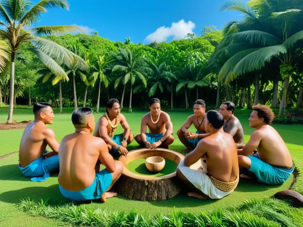 Hombres Micronesios realizan un solemne intercambio de kava en Micronesia, rodeados de naturaleza exuberante y cielo azul