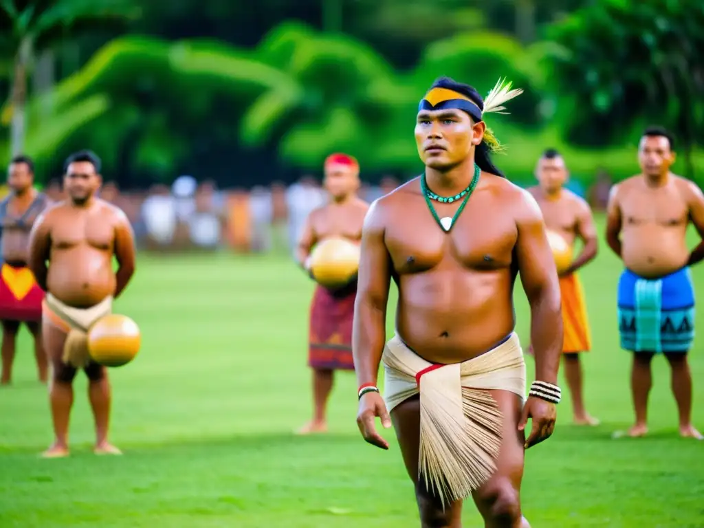 Dos hombres micronesios compiten en el tradicional juego de pelota, rodeados de espectadores en una ceremonia cultural en Micronesia