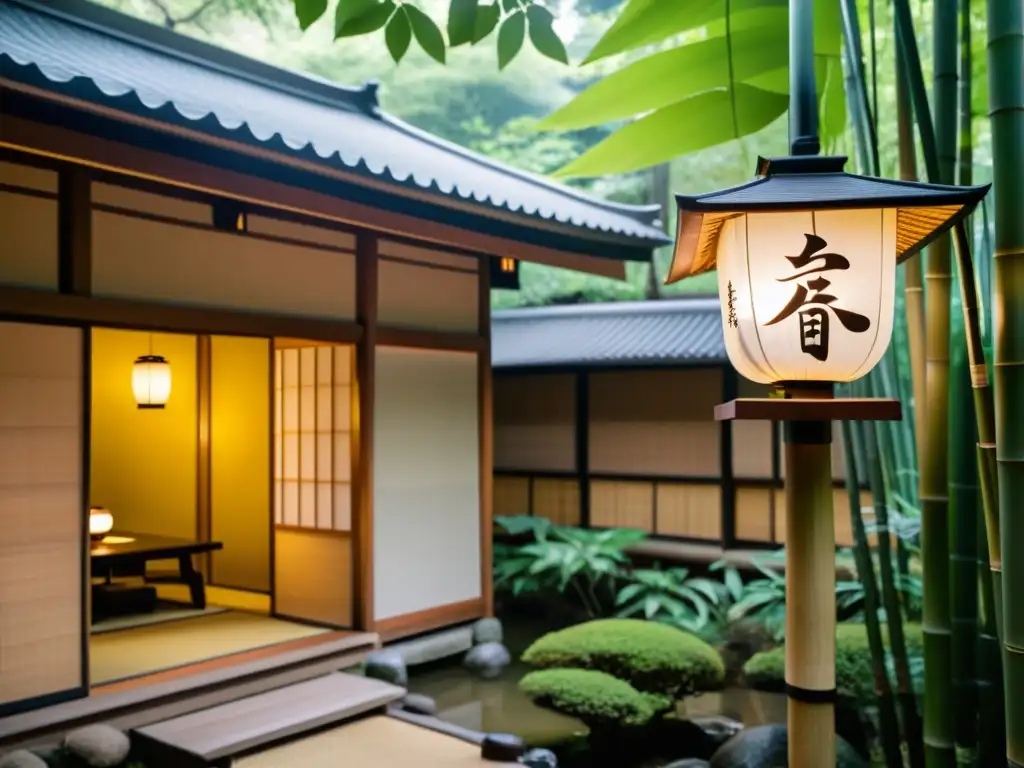 Hospedaje en casas de samurais Japón: Un ryokan tradicional en un bosque de bambú, con visitantes disfrutando de una ceremonia del té en el veranda