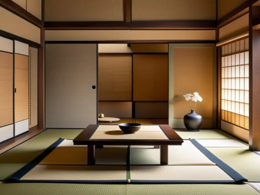 Hospedaje en casas de samurais Japón: Una serena habitación tradicional japonesa con tatamis, shoji y armadura samurái