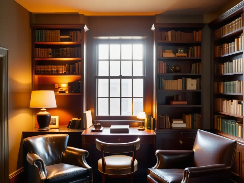 Habitación de hotel acogedora, iluminada con estanterías llenas de libros clásicos de todo el mundo