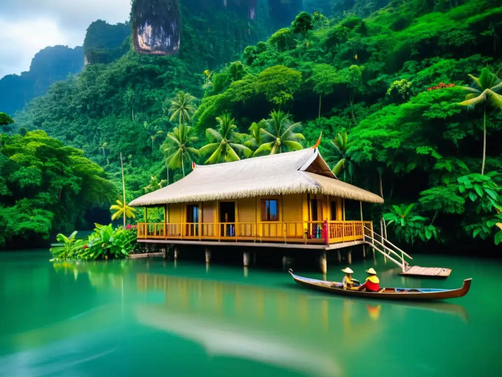 Un hotel flotante tradicional moderno entre exuberante vegetación y serenas aguas, integrando la vida local