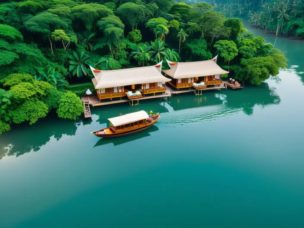 Un hotel flotante tradicional moderno anidado entre exuberante vegetación en aguas tranquilas, reflejando su belleza