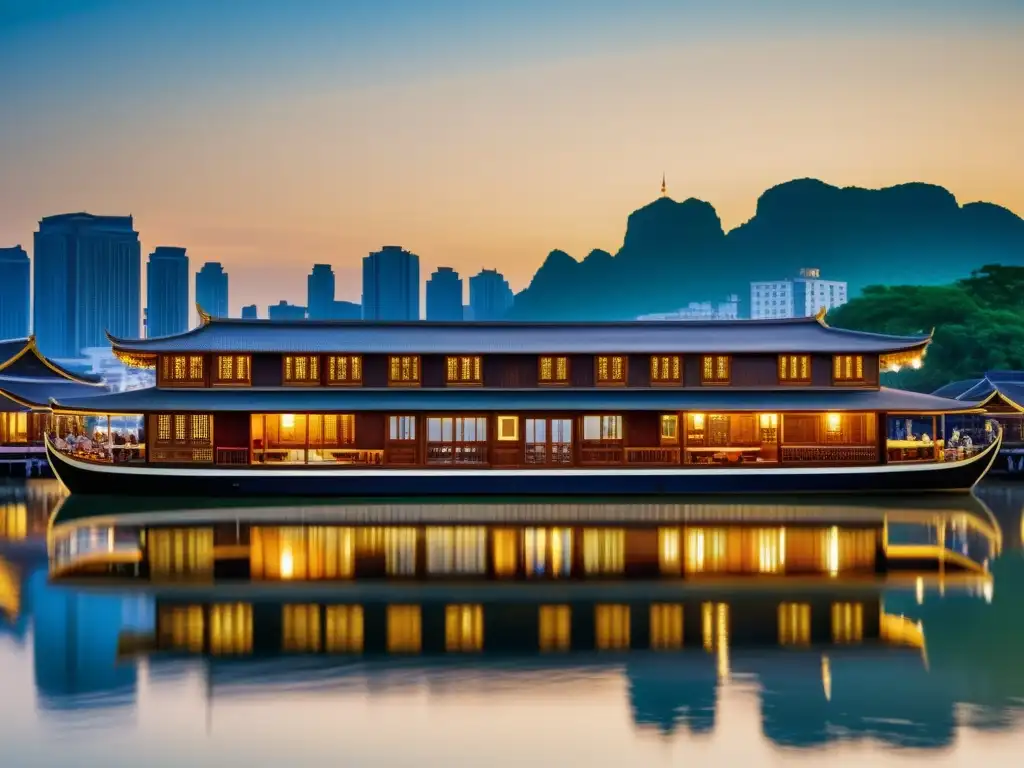 Un hotel flotante tradicional moderno en un río sereno, fusionando tradición y modernidad con la ciudad al fondo