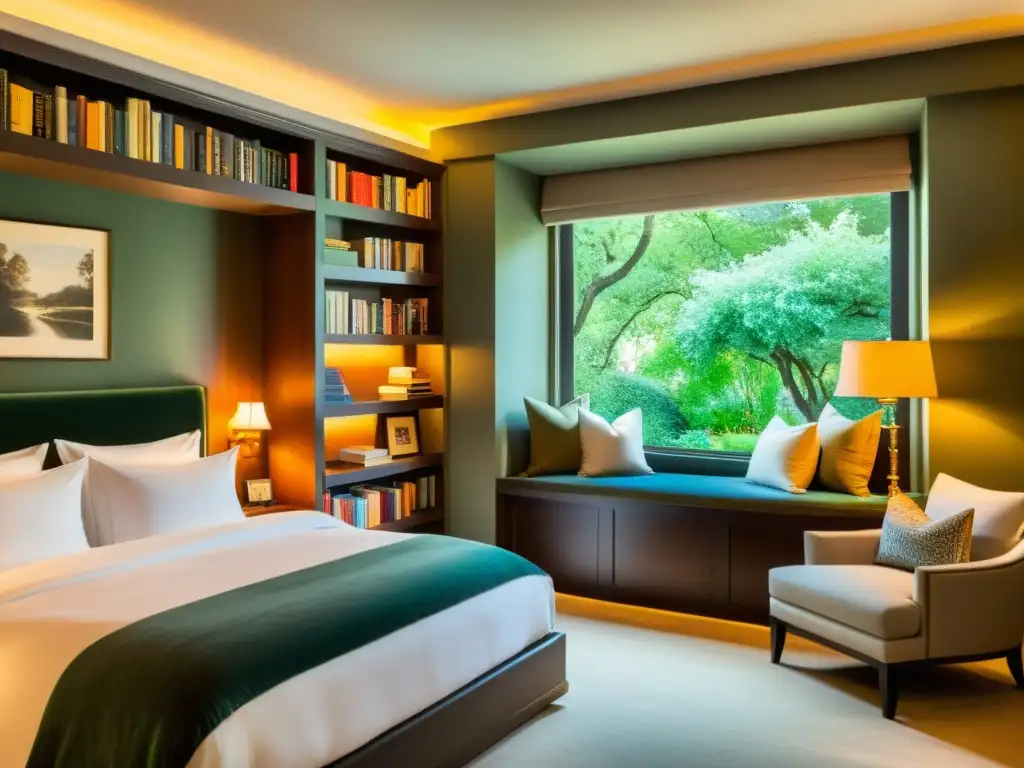 Habitación de hotel literario para amantes de la literatura con biblioteca, rincón de lectura acogedor y cama lujosa