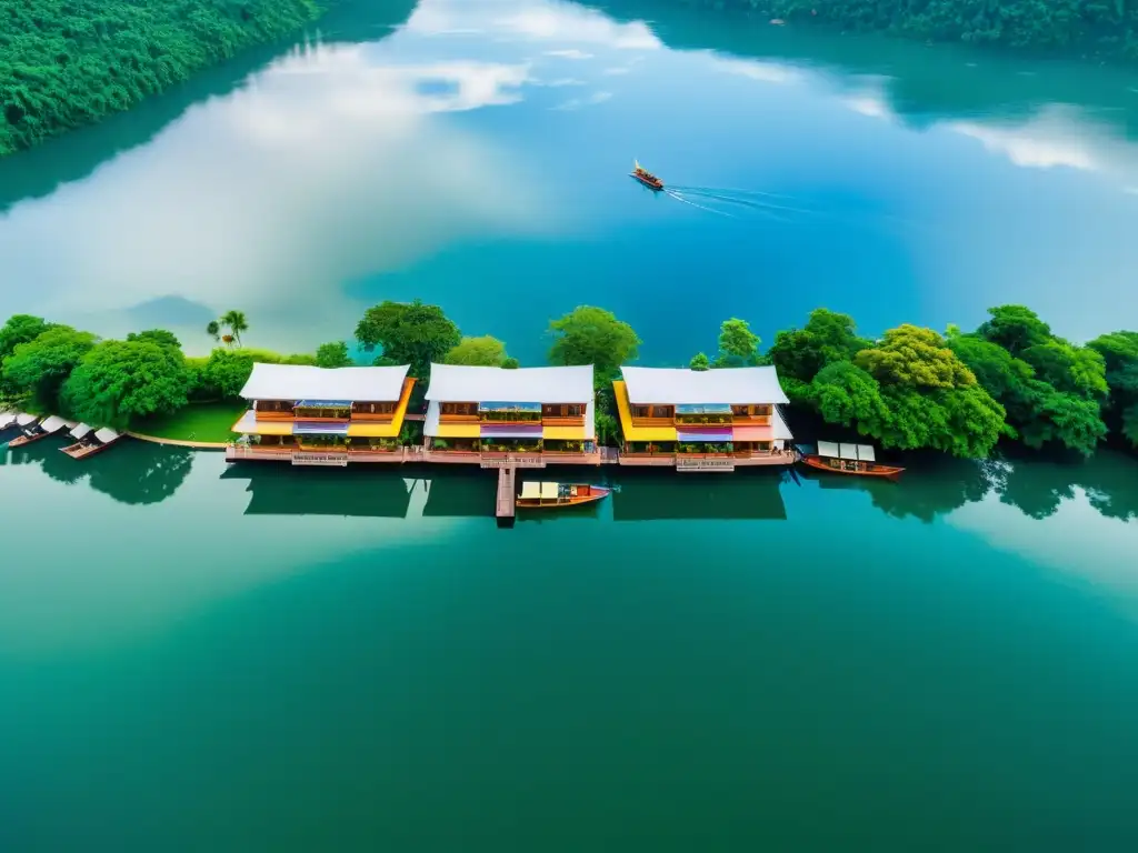 Hoteles flotantes tradicionales modernos en un río sereno, rodeados de exuberante naturaleza y reflejos impresionantes